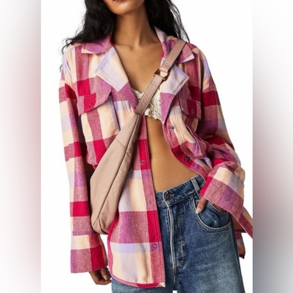 We The Free/Free People Izzie Cargo Jacket in Pink Flannel Oversized Shacket